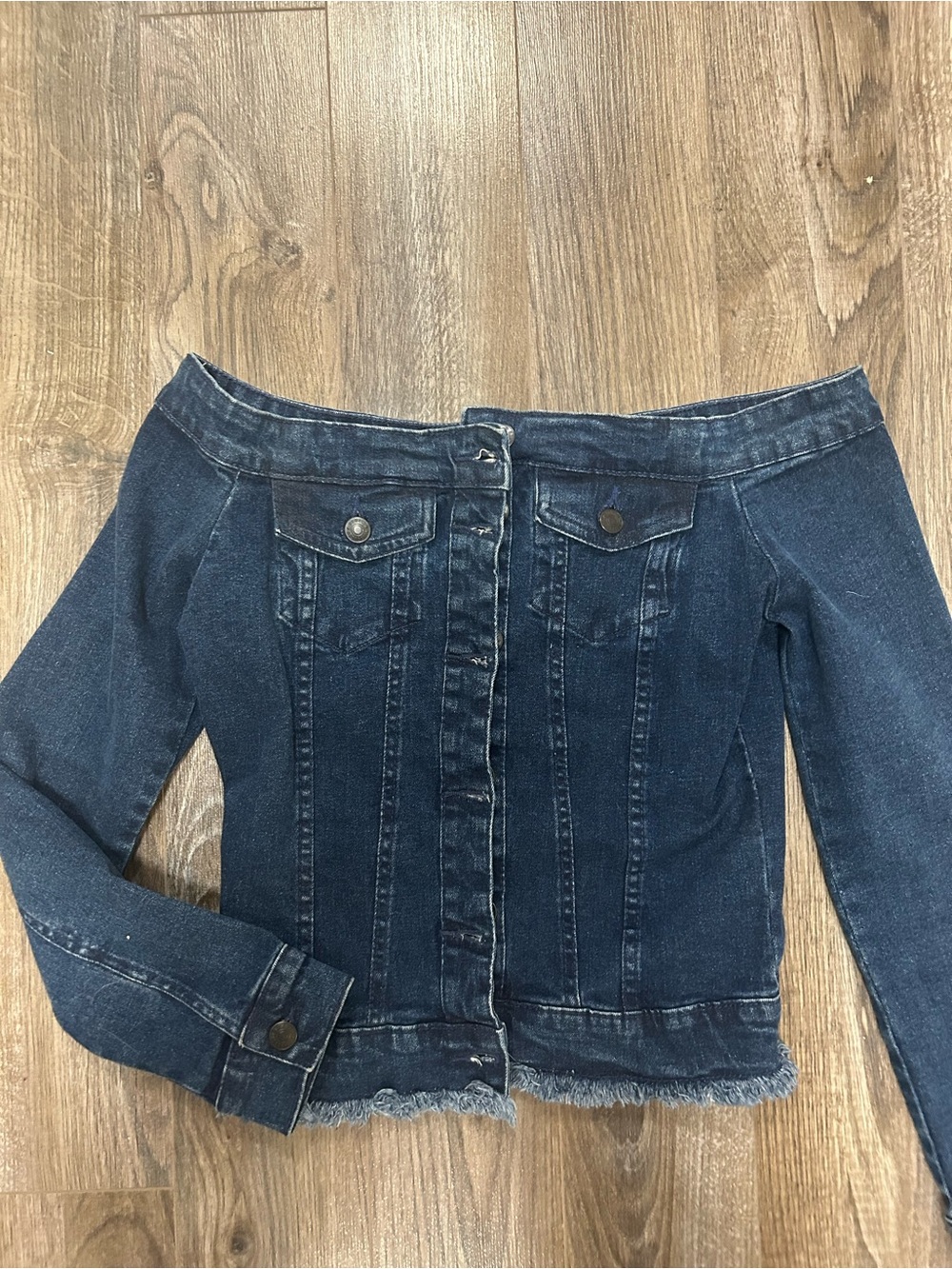 Off-Shoulder Dark Denim Jean Jacket - Fitted Stylish Design